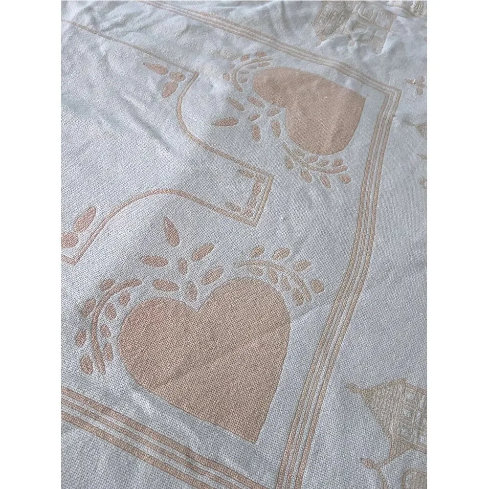 vintage 90's woven tapestry throw blanket woven fringe hearts houses peach